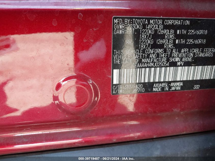 2021 Toyota Venza Le VIN: JTEAAAAH4MJ025054 Lot: 39719487