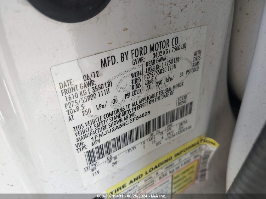 2012 Ford Expedition Limited VIN: 1FMJU2A58CEF54808 Lot: 39719491