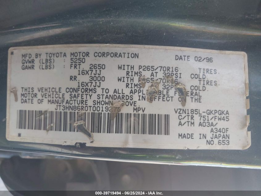 1996 Toyota 4Runner Sr5 VIN: JT3HN86R0T0019276 Lot: 39719494