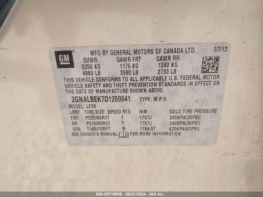 2013 Chevrolet Equinox Ls VIN: 2GNALBEK7D1269941 Lot: 39719506