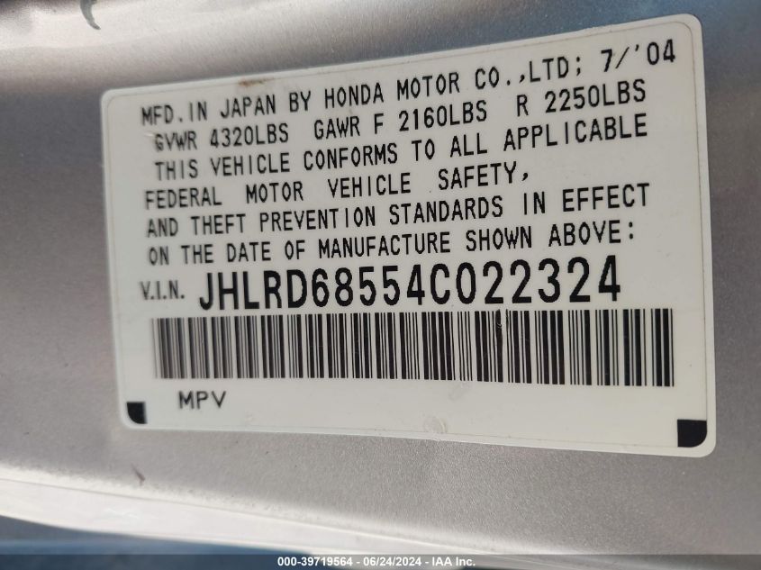 2004 Honda Cr-V Lx VIN: JHLRD68554C022324 Lot: 39719564