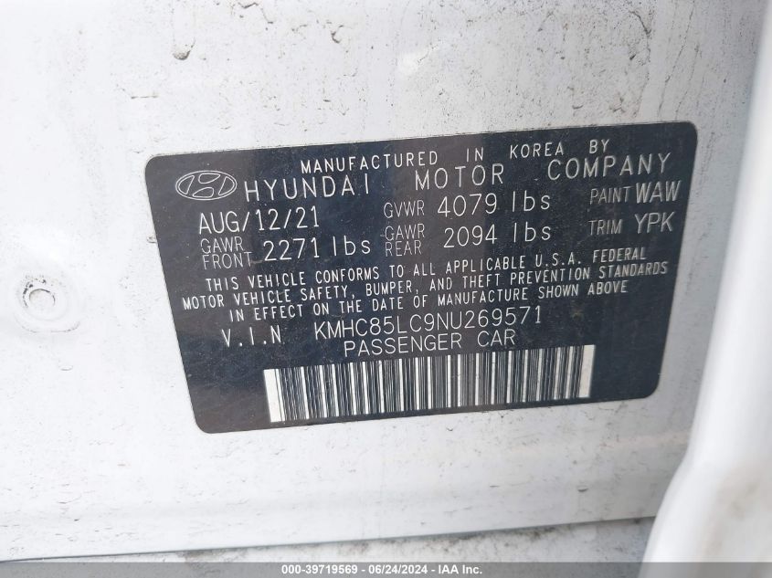 2022 Hyundai Ioniq Hybrid Sel VIN: KMHC85LC9NU269571 Lot: 39719569