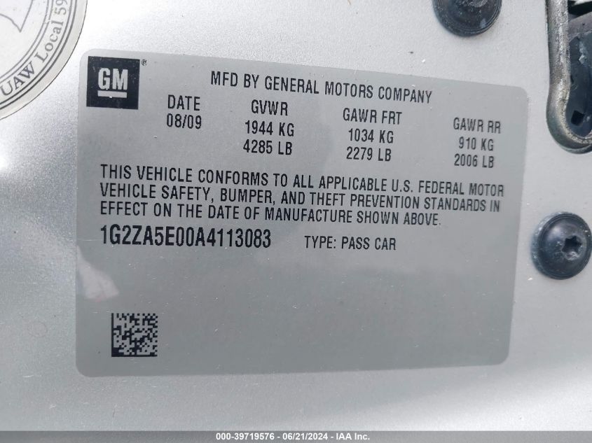 2010 Pontiac G6 VIN: 1G2ZA5E00A4113083 Lot: 39719576