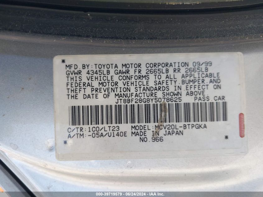 2000 Lexus Es 300 VIN: JT8BF28G8Y5078625 Lot: 39719579