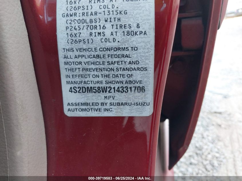 2001 Isuzu Rodeo S/Ls/Lse VIN: 4S2DM58W214331706 Lot: 39719583