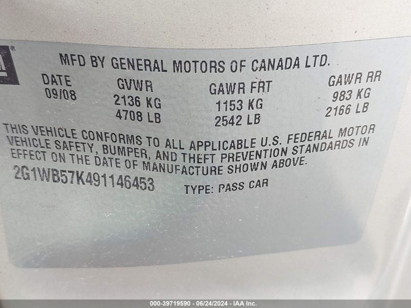 2009 Chevrolet Impala Ls VIN: 2G1WB57K491146453 Lot: 39719590