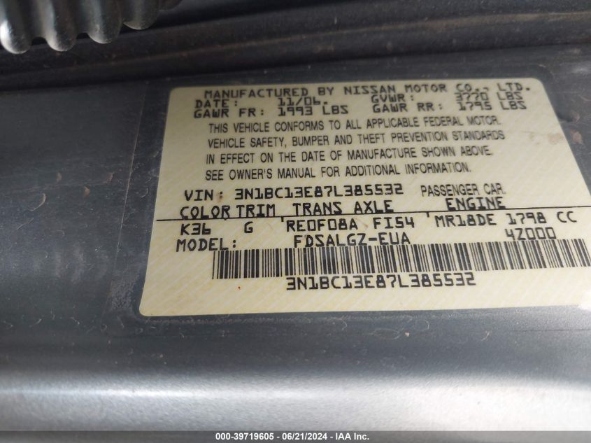 2007 Nissan Versa 1.8Sl VIN: 3N1BC13E87L385532 Lot: 39719605