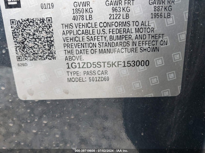 2019 Chevrolet Malibu Lt VIN: 1G1ZD5ST5KF153000 Lot: 39719608