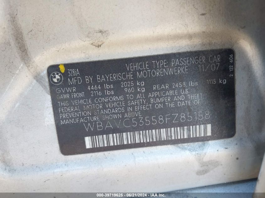 2008 BMW 328I VIN: WBAVC53558FZ85158 Lot: 39719625