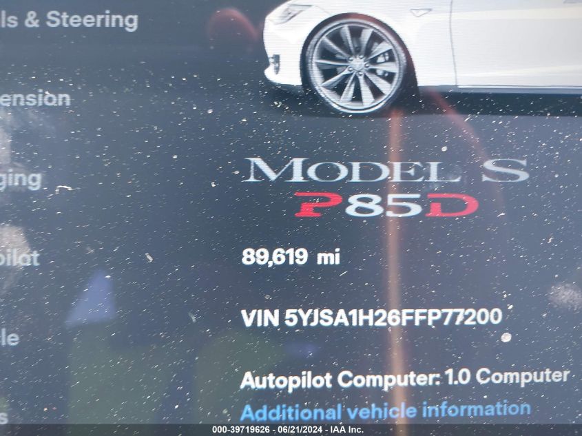 2015 Tesla Model S 70D/85D/P85D VIN: 5YJSA1H26FFP77200 Lot: 39719626