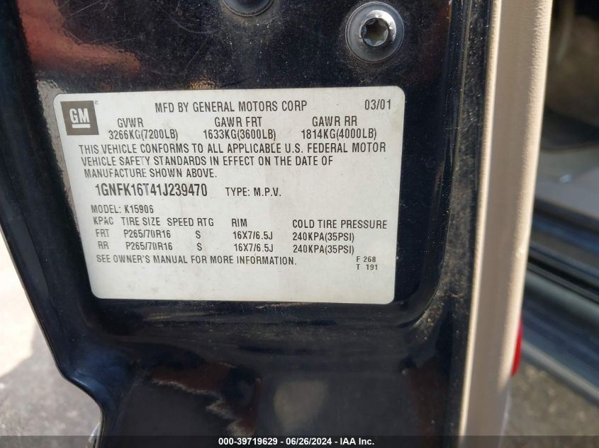 2001 Chevrolet Suburban 1500 Lt VIN: 1GNFK16T41J239470 Lot: 39719629