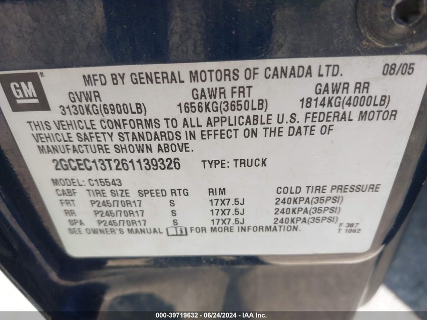 2006 Chevrolet Silverado 1500 Lt2 VIN: 2GCEC13T261139326 Lot: 39719632