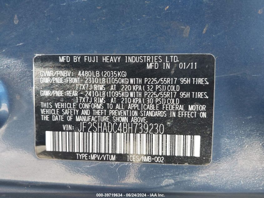2011 Subaru Forester 2.5X Premium VIN: JF2SHADC4BH739230 Lot: 39719634