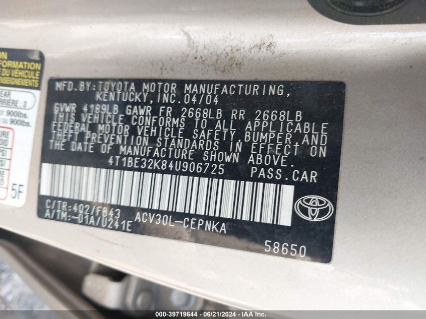 2004 Toyota Camry Le VIN: 4T1BE32K84U906725 Lot: 39719644