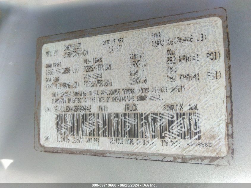 1998 Dodge Ram 1500 St/Ws VIN: 1B7HC16X4WS600442 Lot: 39719668