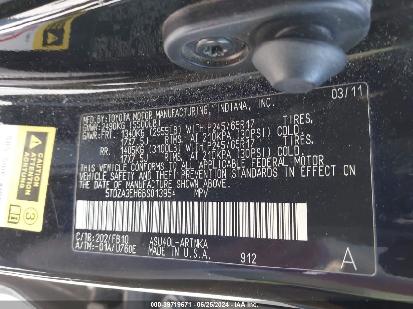 2011 Toyota Highlander VIN: 5TDZA3EH6BS013954 Lot: 39719671