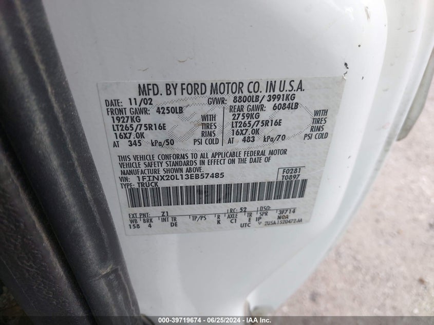 2003 Ford F-250 Super Duty VIN: 1FTNX20L13EB57485 Lot: 39719674