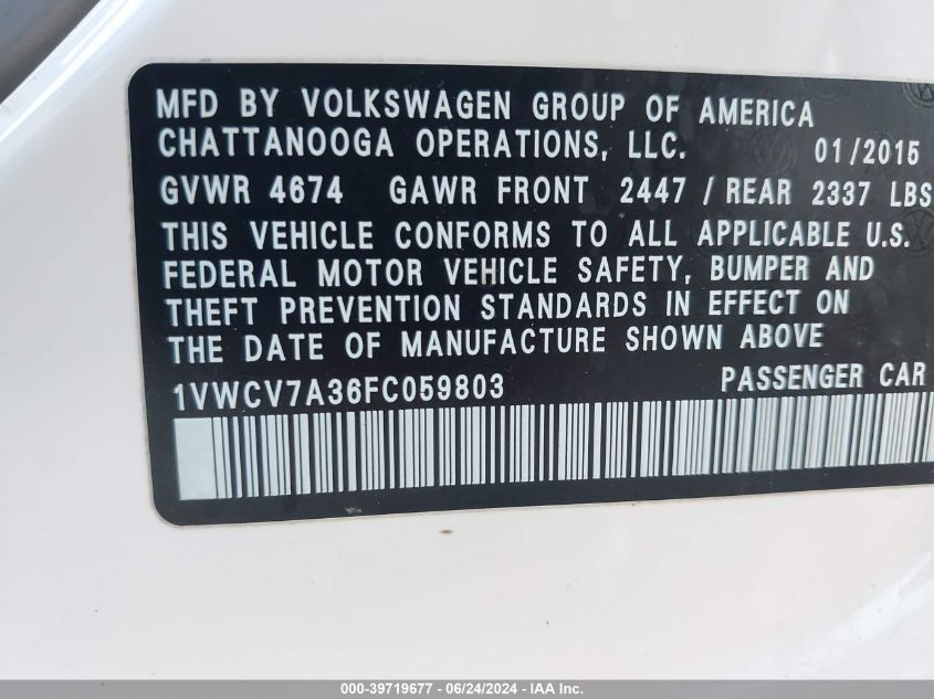 2015 Volkswagen Passat 2.0L Tdi Sel Premium VIN: 1VWCV7A36FC059803 Lot: 39719677