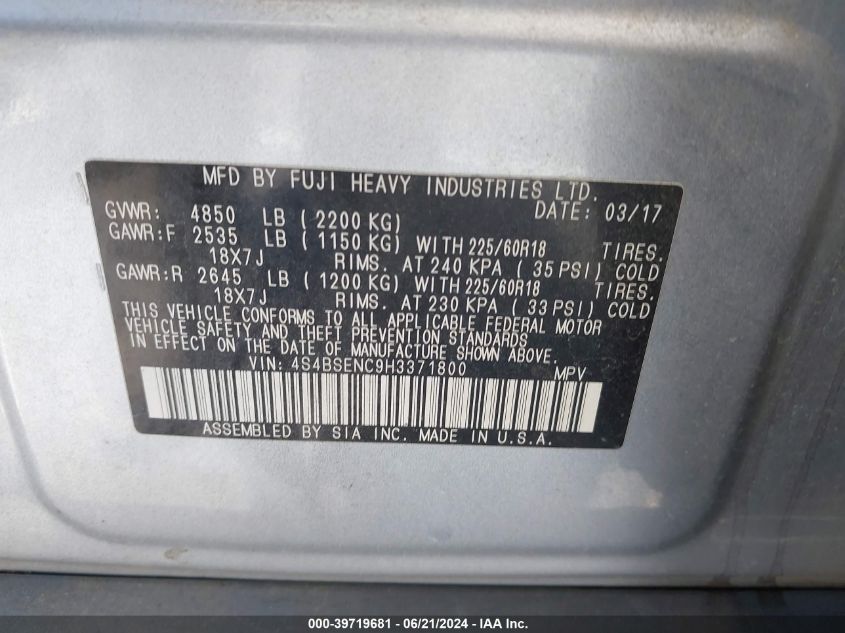 2017 Subaru Outback 3.6R Limited VIN: 4S4BSENC9H3371800 Lot: 39719681