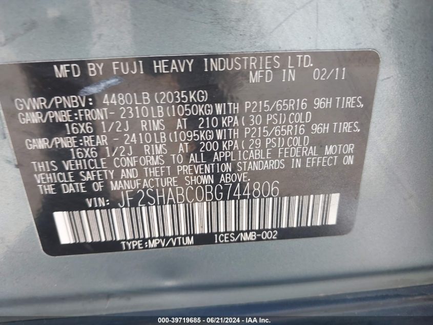 2011 Subaru Forester 2.5X VIN: JF2SHABC0BG744806 Lot: 39719685