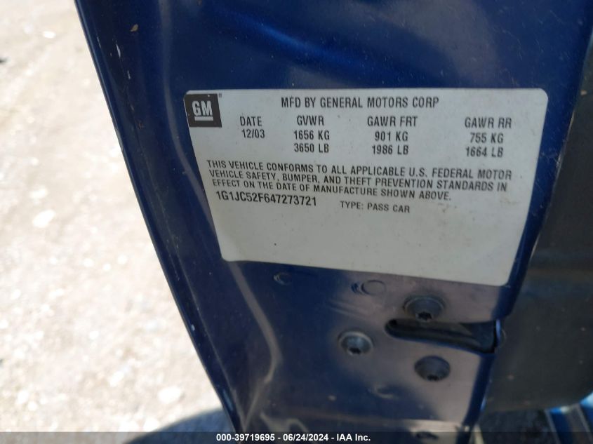 2004 Chevrolet Cavalier VIN: 1G1JC52F647273721 Lot: 39719695