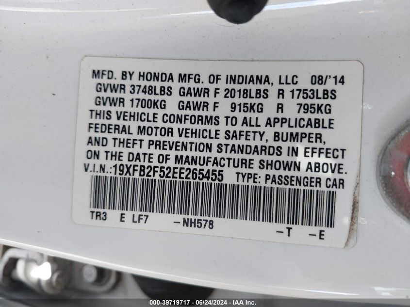 2014 Honda Civic Lx VIN: 19XFB2F52EE265455 Lot: 39719717