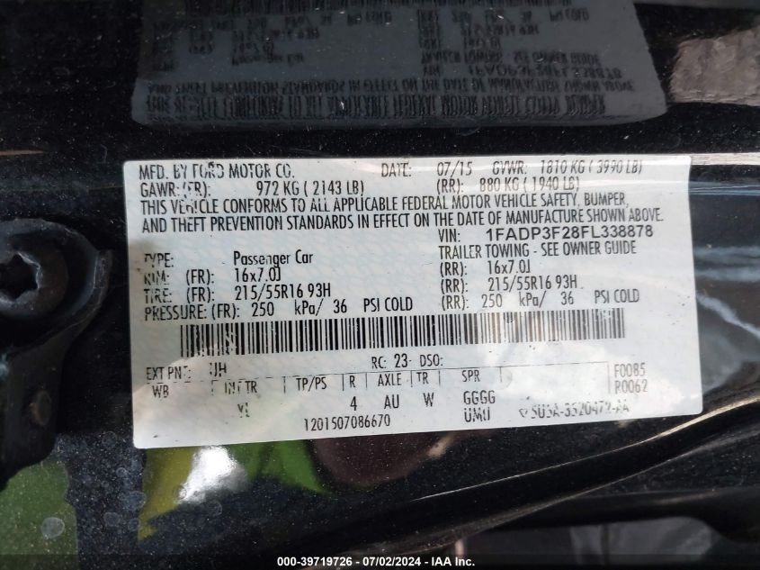 2015 Ford Focus Se VIN: 1FADP3F28FL338878 Lot: 39719726