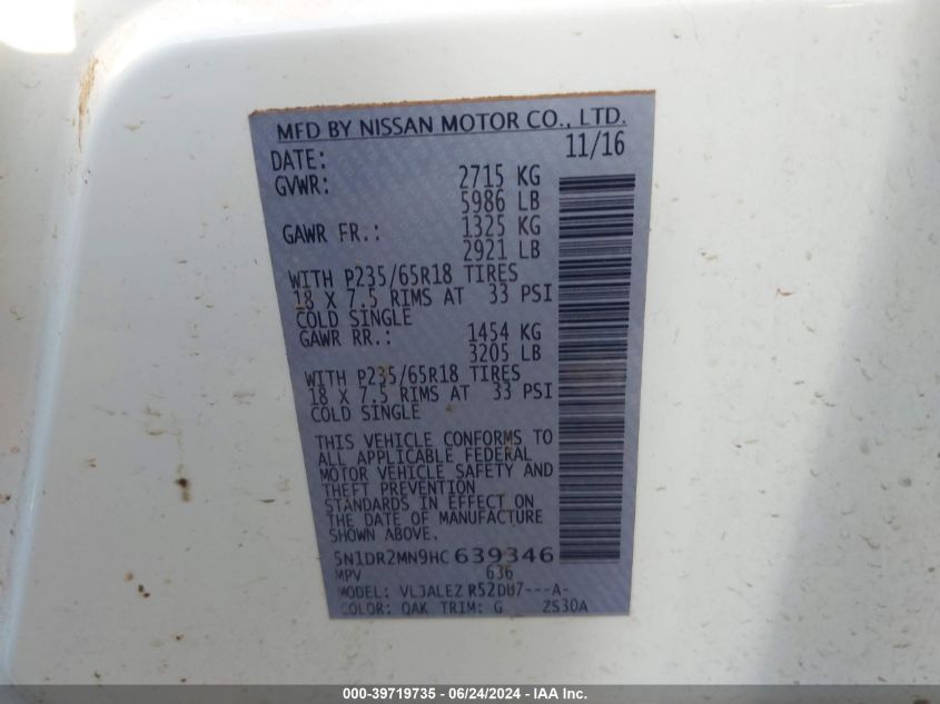 2017 Nissan Pathfinder Sv VIN: 5N1DR2MN9HC639346 Lot: 39719735