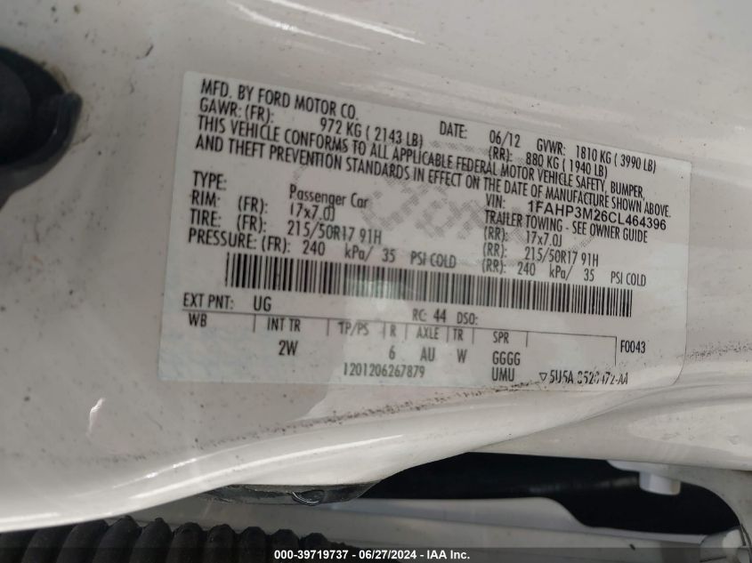 2012 Ford Focus Sel VIN: 1FAHP3M26CL464396 Lot: 39719737