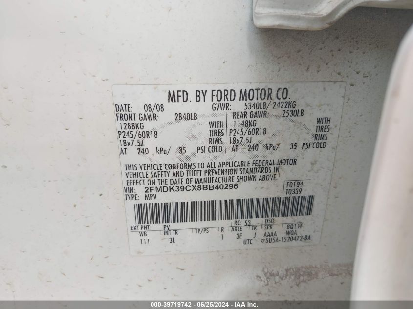 2008 Ford Edge Limited VIN: 2FMDK39CX8BB40296 Lot: 39719742