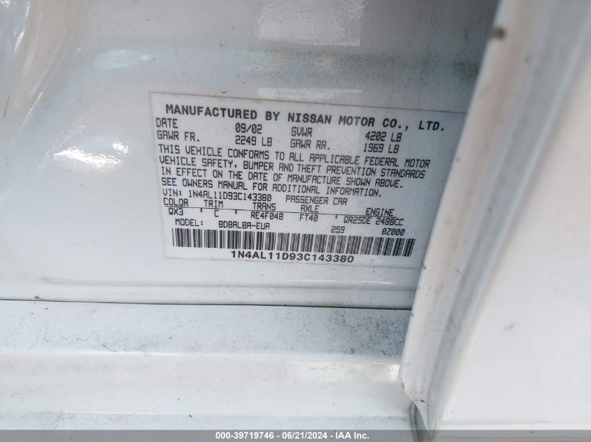 2003 Nissan Altima 2.5 S VIN: 1N4AL11D93C143380 Lot: 39719746