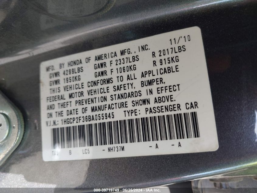 2011 Honda Accord Lx VIN: 1HGCP2F36BA055945 Lot: 39719749