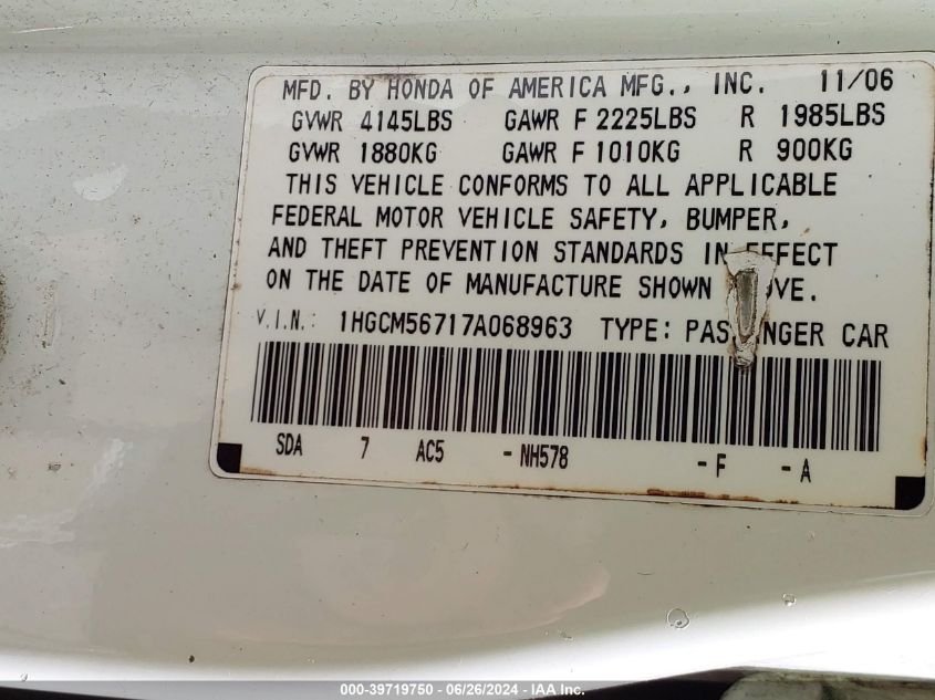 2007 Honda Accord 2.4 Ex VIN: 1HGCM56717A068963 Lot: 39719750