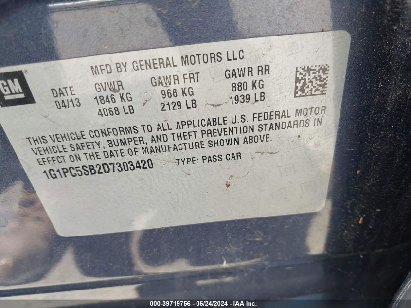 2013 Chevrolet Cruze 1Lt Auto VIN: 1G1PC5SB2D7303420 Lot: 39719756