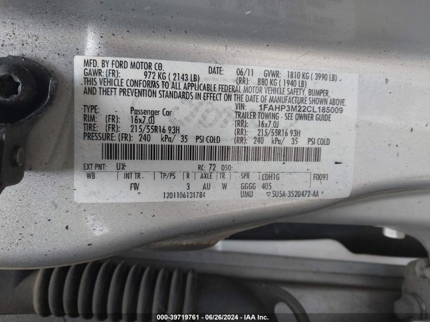 2012 Ford Focus Sel VIN: 1FAHP3M22CL185009 Lot: 39719761