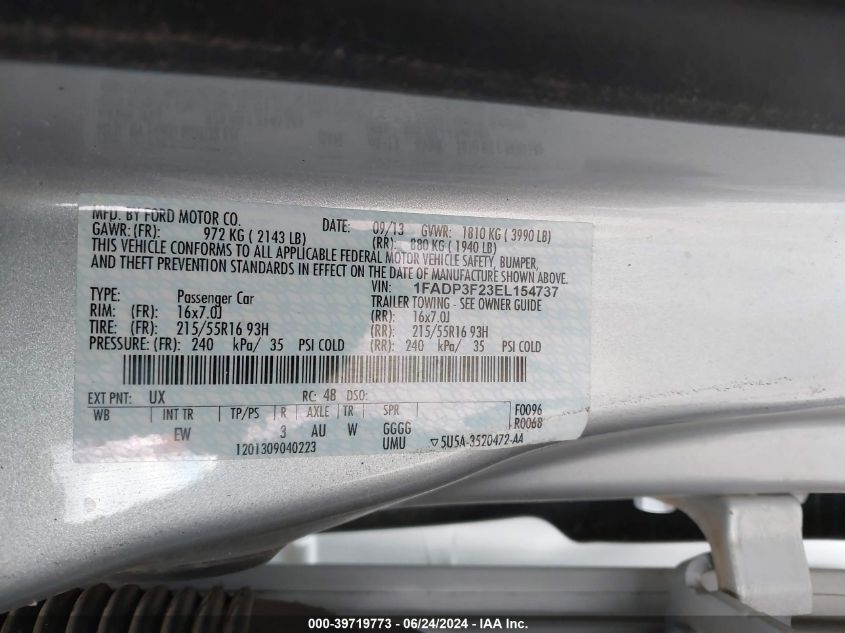 2014 Ford Focus Se VIN: 1FADP3F23EL154737 Lot: 39719773