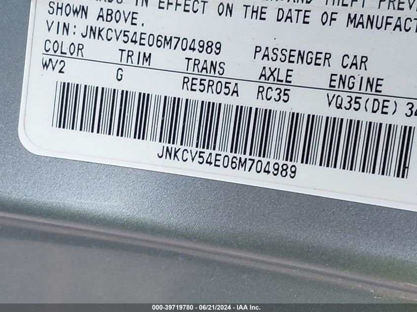 2006 Infiniti G35 VIN: JNKCV54E06M704989 Lot: 39719780