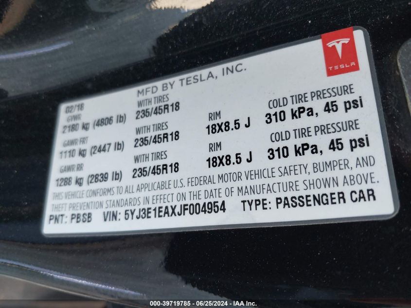 5YJ3E1EAXJF004954 2018 Tesla Model 3 Long Range/Mid Range