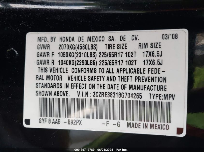 2008 Honda Cr-V Lx VIN: 3CZRE38318G704265 Lot: 39719789
