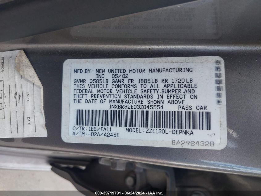 2003 Toyota Corolla Le VIN: 1NXBR32E03Z045554 Lot: 39719791