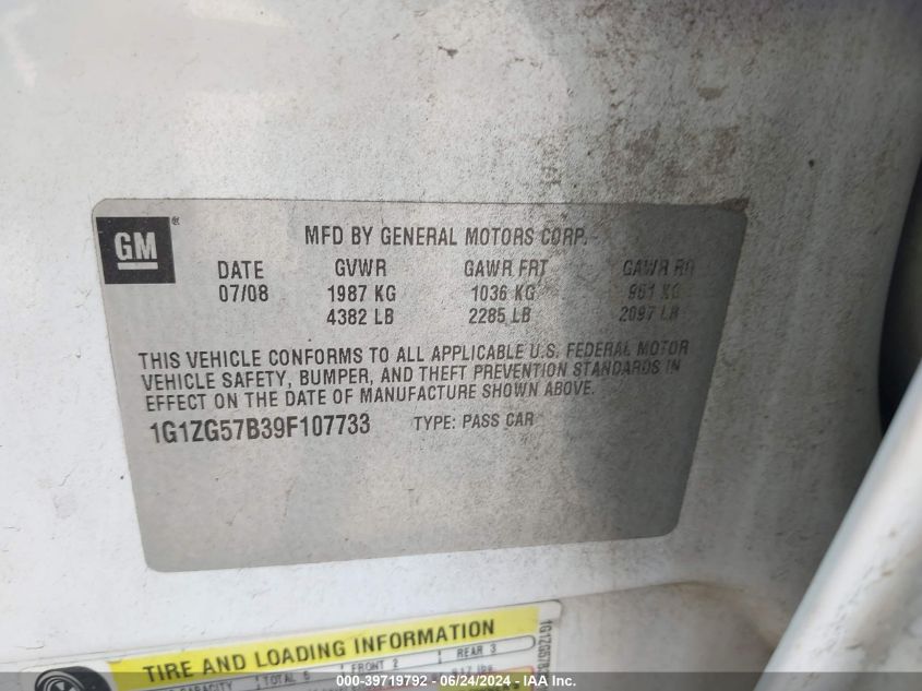 2009 Chevrolet Malibu Ls VIN: 1G1ZG57B39F107733 Lot: 39719792
