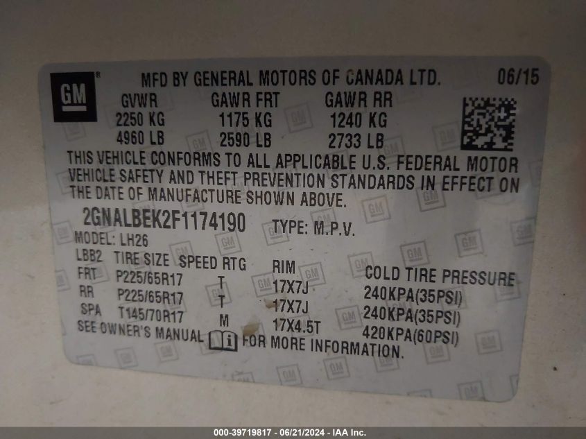 2015 Chevrolet Equinox 1Lt VIN: 2GNALBEK2F1174190 Lot: 39719817