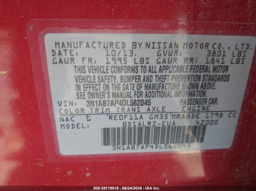 2013 Nissan Sentra Sr VIN: 3N1AB7AP4DL562045 Lot: 39719819