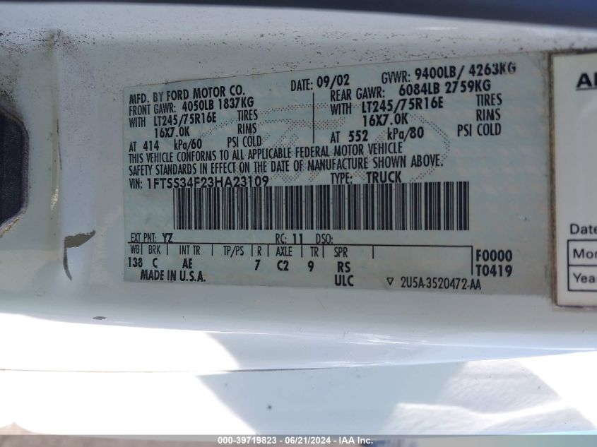 2003 Ford E-350 Super Duty Commercial/Recreational VIN: 1FTSS34F23HA23109 Lot: 39719823