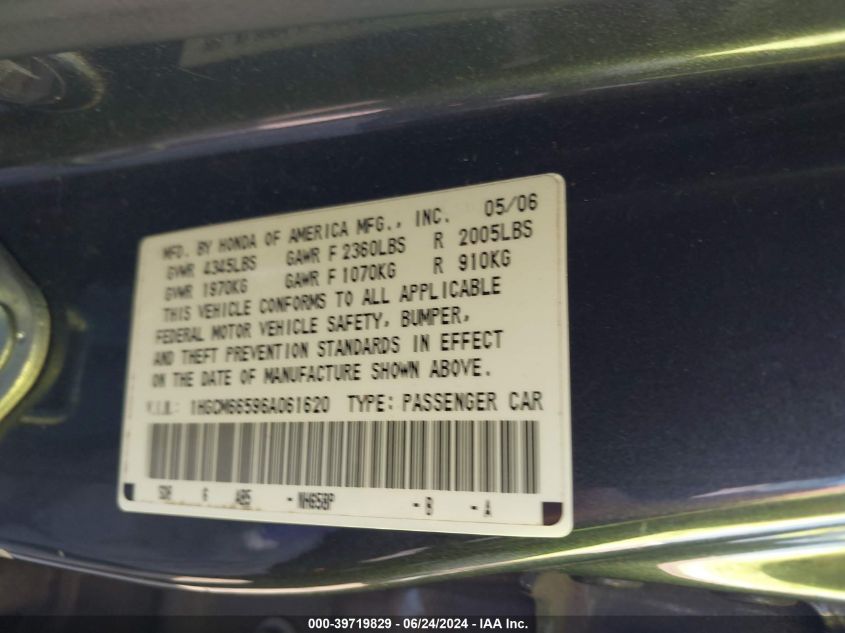 2006 Honda Accord 3.0 Ex VIN: 1HGCM66596A061620 Lot: 39719829