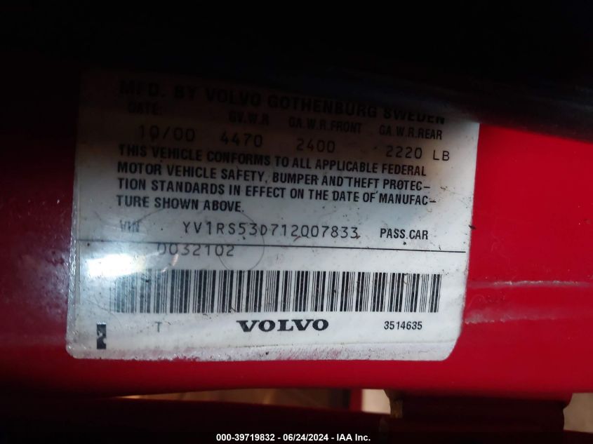 2001 Volvo S60 T5 VIN: YV1RS53D712007833 Lot: 39719832