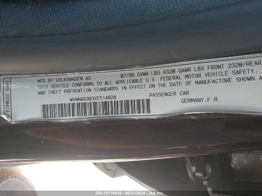 1999 Volkswagen Passat Gls VIN: WVWNA63B3XE514828 Lot: 39719838