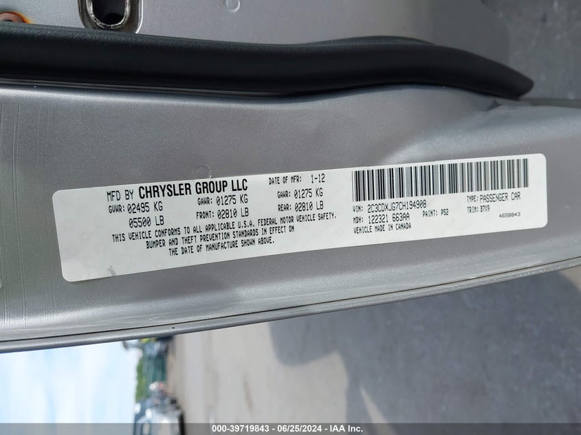 2012 Dodge Charger Sxt VIN: 2C3CDXJG7CH194908 Lot: 39719843