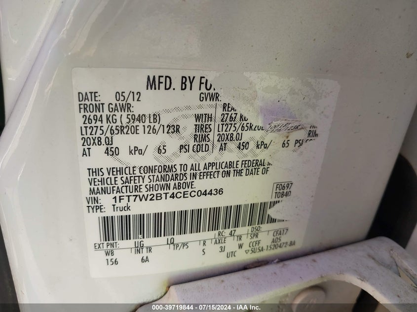 2012 Ford F-250 Lariat VIN: 1FT7W2BT4CEC04436 Lot: 39719844