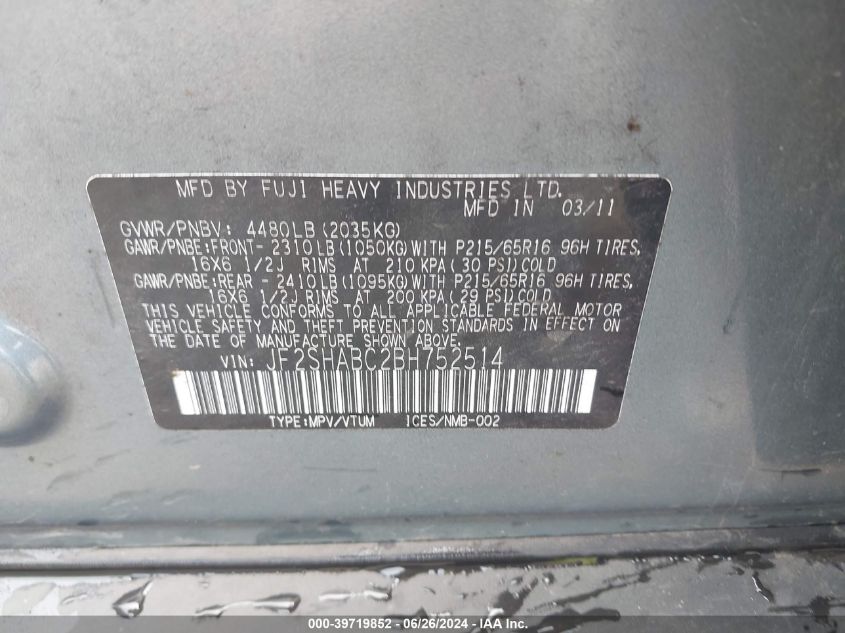 2011 Subaru Forester 2.5X VIN: JF2SHABC2BH752514 Lot: 39719852